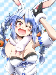 Rule 34 | 1girl, absurdres, animal ears, aono3, blue hair, braid, breasts, carrot hair ornament, food-themed hair ornament, hair ornament, highres, hikimayu, hololive, long hair, multicolored hair, orange eyes, rabbit-shaped pupils, rabbit ears, rabbit girl, rabbit tail, short eyebrows, small breasts, solo, symbol-shaped pupils, tail, thick eyebrows, twin braids, twintails, two-tone hair, usada pekora, usada pekora (1st costume), virtual youtuber, white hair