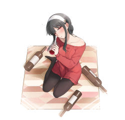 Rule 34 | 1girl, absurdres, alcohol, bare shoulders, black hair, black pantyhose, blush, bottle, breasts, collarbone, cup, dress, drinking glass, drunk, earrings, from above, full body, gold earrings, hairband, head tilt, highres, holding, holding cup, jewelry, large breasts, long hair, looking at viewer, looking up, meizi (lydisa), no shoes, off-shoulder sweater, off shoulder, on floor, pantyhose, parted lips, red sweater, short hair with long locks, sidelocks, sitting, solo, spy x family, sweater, sweater dress, white background, white hairband, wine, wine bottle, yokozuwari, yor briar