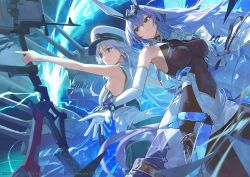 Rule 34 | 2girls, :3, aiming, armpits, azur lane, bare arms, bare shoulders, blue eyes, blue hair, bodystocking, bow (weapon), breasts, closed mouth, covered navel, elbow gloves, electricity, enterprise (azur lane), from below, gloves, hat, headgear, highres, holding, holding bow (weapon), holding weapon, large breasts, long hair, modare, multiple girls, new jersey (azur lane), official art, peaked cap, purple eyes, shirt, silver hair, skirt, sleeveless, sleeveless shirt, smile, turret, very long hair, weapon, white gloves, white headwear, white shirt, white skirt, wrist guards