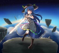 Rule 34 | 1girl, above clouds, blue hair, blue sky, boots, cloud, cross-laced footwear, dress, food, fruit, hat, highres, hinanawi tenshi, index finger raised, keystone, knee boots, kuro (baseball0000), layered dress, leaf, lens flare, long hair, looking at viewer, parted lips, peach, red eyes, rope, shide, shimenawa, sky, solo, standing, standing on one leg, star (sky), starry sky, sword of hisou, touhou, twilight, very long hair