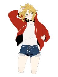 Rule 34 | 1girl, bad id, bad twitter id, blonde hair, cropped legs, denim, denim shorts, fate/apocrypha, fate/grand order, fate (series), green eyes, hair between eyes, hand in own hair, hand in pocket, highres, jacket, mordred (fate), mordred (fate/apocrypha), oretamio, ponytail, shirt, shorts, smile, solo, white background, white shirt