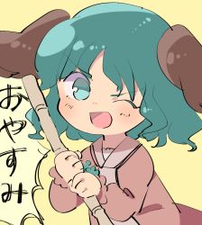 Rule 34 | 1girl, ;d, animal ears, bamboo broom, blush, broom, commentary request, dog ears, green eyes, green hair, kasodani kyouko, looking at viewer, one eye closed, open mouth, sasa kichi, short hair, smile, solo, touhou, translated, v-shaped eyebrows