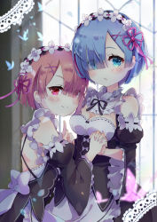 Rule 34 | 2girls, :o, back bow, backlighting, bare shoulders, black dress, black sleeves, blue eyes, blue hair, blunt bangs, blurry, blurry background, blurry foreground, bob cut, bow, breasts, bug, butterfly, closed mouth, collar, commentary, desuwa07th, detached sleeves, dress, flower knot, glowing butterfly, hair ornament, hair over one eye, hairclip, highres, holding hands, index finger raised, indoors, insect, interlocked fingers, looking at viewer, maid, medium breasts, multiple girls, open mouth, parted lips, pink eyes, pink hair, ram (re:zero), re:zero kara hajimeru isekai seikatsu, rem (re:zero), short hair, siblings, sisters, smile, split mouth, white bow, white collar, wide sleeves