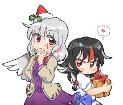 Rule 34 | &gt;:(, 2girls, black hair, blush, bow, bowtie, box, brooch, christmas, cone horns, dress, frown, gift, gift box, grey hair, grey horns, hand on own face, hand on own hip, hat, heart, holly, horns, jacket, jewelry, kijin seija, kishin sagume, mistletoe, mother and daughter, multicolored hair, multiple girls, pout, red eyes, red hair, santa hat, single wing, smile, smirk, streaked hair, thought bubble, touhou, tsundere, unachika, v-shaped eyebrows, white hair, wings