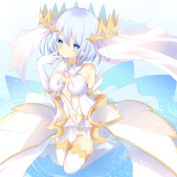 Rule 34 | 1girl, bare shoulders, blue eyes, blush, breasts, closed mouth, commentary request, crown, date a live, detached sleeves, dress, expressionless, full body, gem, hair between eyes, hair ornament, highres, jam (jamjam777), looking at viewer, medium breasts, medium hair, solo, squatting, thighhighs, tobiichi origami, white hair