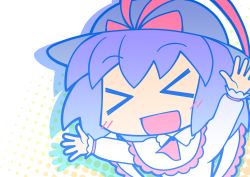 Rule 34 | &gt; &lt;, 1girl, :d, > <, arms up, blue hair, capelet, ebizome, closed eyes, female focus, halftone, halftone background, hat, highres, nagae iku, open mouth, short hair, smile, solo, touhou, upper body, xd
