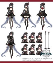 Rule 34 | 1girl, absurdly long hair, asymmetrical legwear, asymmetrical sleeves, azur lane, black bustier, black corset, black dress, black footwear, black hair, breasts, byulzzi, cleavage, corset, detached sleeves, dress, frilled dress, frills, hair ornament, high heels, large breasts, long hair, microphone, microphone stand, multiple views, official art, red eyes, shoes, single detached sleeve, sketch, taihou (azur lane), taihou (muse) (azur lane), thigh strap, thighhighs, twintails, underbust, uneven legwear, uneven sleeves, very long hair