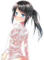 Rule 34 | 10s, 1girl, alternate costume, alternate hairstyle, asashio (kancolle), black hair, blue eyes, blush, commentary request, kantai collection, long hair, long sleeves, looking at viewer, looking back, naked shirt, no bra, ponytail, puririn, see-through, shirt, sidelocks, simple background, solo, swept bangs, wet, wet clothes, white background, white shirt
