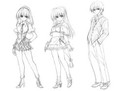 Rule 34 | 1boy, 2girls, formal, full body, greyscale, kobayashi chisato, lineart, looking at viewer, monochrome, multiple girls, necktie, original, pants, pleated skirt, simple background, skirt, standing, suit, white background