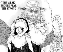Rule 34 | 1boy, 1girl, bb (baalbuddy), beard, blood, bloody tears, capcom, choke hold, cigar, closed mouth, commentary, cowboy hat, english commentary, english text, facial hair, feathered wings, glasses, greyscale, hat, highres, karl heisenberg, looking at viewer, male focus, medium hair, meme, monochrome, mother miranda, opaque glasses, parody, parted lips, photo-referenced, resident evil, resident evil village, round eyewear, sam hyde, simple background, smile, strangling, sunglasses, the weak should fear the strong, thought bubble, white background, wings
