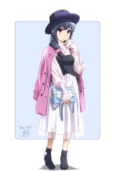 Rule 34 | 1girl, ankle boots, bag, black footwear, black hair, black hat, blue background, blush, boots, breasts, camisole, casual, character name, copyright name, dated, dress, fedora, full body, hair ornament, hair over shoulder, hair scrunchie, handbag, hat, hibike! euphonium, highres, holding, holding bag, jacket, jacket on shoulders, long hair, long sleeves, looking at viewer, low ponytail, nii manabu, open clothes, open jacket, parted lips, pink jacket, pom pom (clothes), red eyes, scrunchie, see-through, signature, sleeves past wrists, small breasts, solo, standing, two-tone background, unbuttoned, white dress, yoroizuka mizore