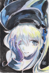 Rule 34 | 10s, 1girl, abyssal ship, black background, black gloves, blue eyes, covering one eye, destroyer princess, eyelashes, gloves, hand over eye, hat, highres, kantai collection, lips, looking to the side, mixed media, one eye closed, painting (medium), signature, silver hair, slit pupils, smile, solo, tears, tesun (g noh), traditional media, upper body, watercolor (medium)