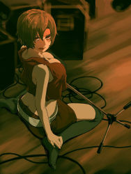 Rule 34 | 1girl, ass, breasts, brown eyes, brown hair, butt crack, cleavage, downblouse, downpants, highres, kneehighs, large breasts, lipstick, looking back, makeup, meiko (vocaloid), microphone stand, mrbr, short hair, sitting, skirt, socks, solo, thighhighs, vocaloid, wariza