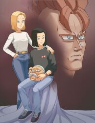 Rule 34 | 1girl, 3boys, android 16, android 17, android 18, black hair, blonde hair, blue eyes, brother and sister, commentary, denim, disembodied head, dr. gero (dragon ball), dragon ball, dragonball z, english commentary, facial hair, frown, genniax, hand in pocket, highres, jeans, mohawk, multiple boys, mustache, open mouth, orange hair, pants, red ribbon army, shirt, siblings, signature, sitting, smile, twins, white shirt