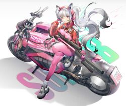 Rule 34 | 1girl, absurdres, alice (nikke), animal ear headphones, animal ears, bodysuit, breast press, breasts, clothes writing, covered navel, cropped jacket, fake animal ears, fangs, full body, gloves, goddess of victory: nikke, grey hair, gun, headphones, highres, holding, holding gun, holding weapon, impossible bodysuit, impossible clothes, jacket, kulu (ku-lu), latex, latex bodysuit, long hair, medium breasts, motor vehicle, motorcycle, open mouth, pink bodysuit, pink gloves, pink headphones, pink jacket, puffy sleeves, red eyes, rifle, scope, shoes, sidelocks, sitting, skin tight, sneakers, sniper rifle, solo, standing, standing on one leg, teeth, twintails, two-tone gloves, upper teeth only, weapon, white footwear, white gloves