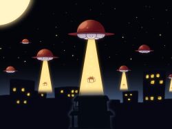 Rule 34 | abduction, box, building, christmas, commentary request, flying saucer, gift, gift box, night, night sky, no humans, original, outdoors, shirosato, sky, spacecraft, sparkle, star (sky), starry sky, ufo
