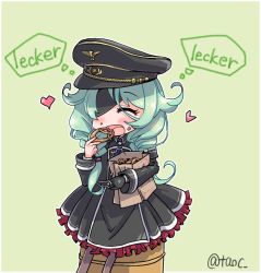 Rule 34 | 1girl, blush, commentary request, cross, eating, eyepatch, closed eyes, food, german text, gloves, green background, green hair, hat, iron cross, kleist (milihime taisen), long braid, long hair, milihime taisen, military, military hat, military uniform, open mouth, sitting, solo, tao (kadoya), translated, uniform