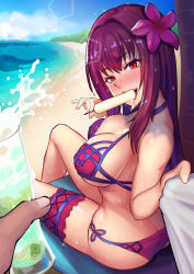 Rule 34 | 1girl, ass, bare shoulders, bikini, blush, breasts, bridal garter, butt crack, eating, fate/grand order, fate (series), flower, food, hair between eyes, hair flower, hair ornament, hibiscus, large breasts, long hair, looking at viewer, open mouth, popsicle, purple bikini, purple hair, qblade, red eyes, scathach (fate), scathach (fate/grand order), scathach (swimsuit assassin) (fate), shirt grab, sitting, smile, solo focus, swimsuit, thighs
