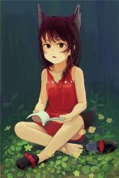 Rule 34 | 1girl, animal ears, bad id, bad pixiv id, barefoot, black hair, book, dress, highres, mary janes, original, red eyes, shoes, unworn shoes, short hair, single shoe, sitting, solo, tail