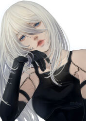 Rule 34 | 1girl, a2 (nier:automata), aegyo sal, android, black gloves, blue eyes, commentary, english commentary, eyelashes, gloves, grey hair, hair between eyes, highres, long hair, looking at viewer, mitsuki nite, mole, mole under mouth, nier:automata, nier (series), parted lips, red lips, simple background, solo, upper body, white background