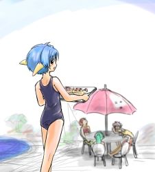 Rule 34 | 00s, 5girls, animal ears, blue hair, blush, brown eyes, character request, galaxy angel, looking at viewer, looking back, mint blancmanche, multiple girls, normad, one-piece swimsuit, short hair, swimsuit, tagme, yellow eyes