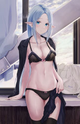 Rule 34 | 1girl, absurdres, black bra, black jacket, black panties, black thighhighs, blazer, blue eyes, blue hair, blue skirt, blush, bow, bow bra, bow panties, bra, breasts, cleavage, cloud, cloudy sky, collarbone, curtains, highres, holding, holding clothes, holding skirt, indoors, jacket, large breasts, light blue hair, long pointy ears, looking at viewer, medium hair, meen (ouaughikepdvrsf), navel, open clothes, open jacket, original, panties, parted lips, pink bow, pleated skirt, pointy ears, shirt, unworn shirt, skirt, sky, solo, standing, thighhighs, underwear, white shirt, window