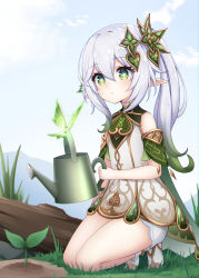 Rule 34 | 1girl, bloomers, bug, butterfly, commentary, detached sleeves, genshin impact, green eyes, hair between eyes, hair ornament, highres, holding, insect, kneeling, linez, long hair, nahida (genshin impact), short sleeves, side ponytail, sidelocks, solo, underwear, watering can, white hair