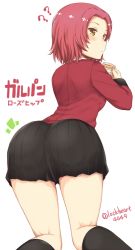 Rule 34 | 10s, 1girl, ?, ??, ass, black footwear, black skirt, blush, boots, brown eyes, character name, copyright name, cup, from behind, girls und panzer, holding, jacket, knee boots, kneeling, lock heart (juuryokudou), long sleeves, looking at viewer, military, military uniform, miniskirt, pleated skirt, red hair, red jacket, rosehip (girls und panzer), short hair, skirt, solo, teacup, translated, twitter username, uniform