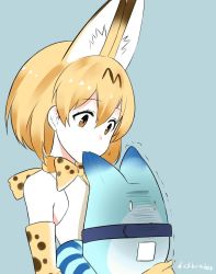 Rule 34 | 10s, 1girl, animal ears, biting, bow, bowtie, dickbomber, ear biting, elbow gloves, gloves, holding another in hands, kemono friends, looking at another, looking down, lucky beast (kemono friends), orange bow, orange bowtie, orange eyes, orange gloves, orange hair, serval (kemono friends), short hair