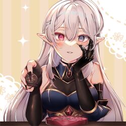 Rule 34 | 1girl, absurdres, armored gloves, black gloves, black nails, blue eyes, blush, box, box of chocolates, breasts, claws, cleavage, commentary, demon girl, detached collar, dress, elbow gloves, english commentary, eyelashes, geega (vtuber), geega (vtuber) (1st costume), gem, gloves, grey hair, hair between eyes, hair ornament, hairpin, heterochromia, highres, incoming food, light smile, long hair, looking at viewer, medium breasts, multiple hairpins, nail polish, parted lips, partially fingerless gloves, pink eyes, pointy ears, red gemstone, shiny clothes, simple background, sleeveless, sleeveless dress, solo, sparkle, tactoki, upper body, valentine, virtual youtuber, vshojo, yellow background