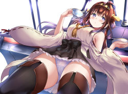 Rule 34 | 10s, 1girl, ahoge, bad id, bad pixiv id, bare shoulders, black hakama, blush, boots, brown hair, cup, detached sleeves, double bun, from below, hairband, hakama, hakama skirt, japanese clothes, kantai collection, kongou (kancolle), long hair, nontraditional miko, panties, ponytail korosuke, purple eyes, revision, ribbon-trimmed sleeves, ribbon trim, saucer, skirt, solo, teacup, thigh boots, thighhighs, underwear, upskirt, white background, white panties