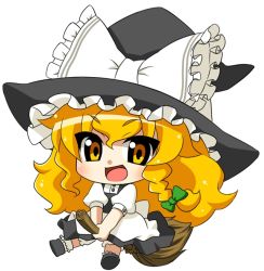 Rule 34 | 1girl, :d, blonde hair, bow, braid, broom, broom riding, chibi, hair bow, hat, hat bow, kirisame marisa, moyashi (m-planter), open mouth, side braid, smile, solo, touhou, witch hat, yellow eyes