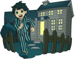 Rule 34 | 1boy, bad id, bad pixiv id, black hair, child, fence, green eyes, house, male focus, momonoki, mother (game), mother 2, ness (mother 2), night, nintendo, pajamas, running, solo