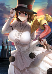 Rule 34 | 1girl, absurdres, black hat, braid, breasts, brown hair, castle, charlotte corday (fate), charlotte corday (third ascension) (fate), dress, fate/grand order, fate (series), green eyes, halo, hat, highres, hotate-chan, huge filesize, knife, large breasts, long dress, solo, sunset, white dress, wings