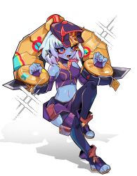 Rule 34 | 1girl, absurdres, bare shoulders, beseunaj-jamjaneun gemdol-i, black headwear, blue eyes, breasts, briar (league of legends), chained wrists, colored sclera, colored skin, earrings, fang, fingerless gloves, full body, gloves, highres, horned hat, invisible chair, jewelry, knee up, league of legends, medium breasts, multicolored hair, navel, official alternate costume, official alternate hairstyle, pointy ears, red hair, red sclera, shiny skin, simple background, sitting, smile, solo, sparkle, stomach, streaked hair, street demon briar, toeless legwear, tongue, tongue out, two-tone hair, white background
