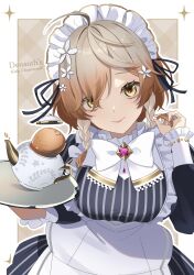 Rule 34 | 1girl, braid, breasts, brown hair, character name, highres, holding, holding tray, klara charmwood, light smile, looking at viewer, maid, maid headdress, medium breasts, medium hair, nijisanji, nijisanji en, playing with own hair, solo, teapot, tray, triple ahoge, tsugu (tsugu 823), twin braids, typo, virtual youtuber, yellow eyes