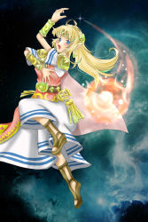 Rule 34 | 1girl, attack, belt, blonde hair, blue eyes, breasts, dress, earrings, elf, fire, flying, full body, gem, hand up, highres, jewelry, legs, long hair, looking at viewer, magic, nintendo, open mouth, pink vest, pointy ears, princess zelda, solo, space, super smash bros., the legend of zelda, the legend of zelda: a link between worlds, thighs, triforce, vest