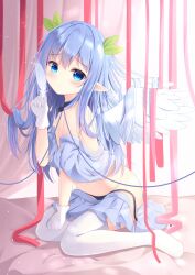 Rule 34 | 1girl, absurdres, blue eyes, blue hair, blue skirt, borrowed character, chabashira ribbon, feathered wings, full body, gloves, hair ornament, highres, light blue hair, long hair, looking at viewer, miniskirt, navel, original, pleated skirt, pointy ears, skirt, solo, thighhighs, white gloves, white thighhighs, white wings, wings