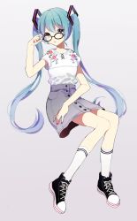 Rule 34 | 1girl, adjusting eyewear, aqua hair, bespectacled, blouse, full body, glasses, green eyes, grey background, hatsune miku, high tops, highres, invisible chair, long hair, looking at viewer, print shirt, shirt, shoes, sitting, skirt, sneakers, socks, solo, sulfur (1453rk), twintails, very long hair, vocaloid, white shirt, white socks