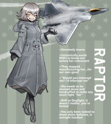 Rule 34 | 1girl, absurdres, aircraft, airplane, black gloves, english text, evil grin, evil smile, f-22 raptor, fighter jet, full body, gloves, grey hair, grin, hair between eyes, highres, jet, looking at viewer, mecha musume, medium hair, military vehicle, orange hair, original, pandramodo, personification, smile, solo, twitter username