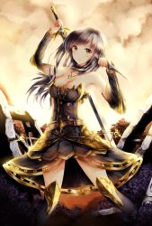 Rule 34 | 1girl, armpits, bare shoulders, belt, blush, breasts, cleavage, cloud, cloudy sky, collar, color coordination, dagger, detached sleeves, dress, dual wielding, elbow pads, highres, holding, holding sword, holding weapon, jewelry, knee pads, kneehighs, knife, large breasts, long hair, looking at viewer, necklace, open mouth, orange eyes, original, outdoors, purple hair, sky, socks, solo, sword, w arms, weapon, wsman, yellow theme