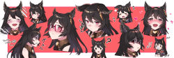 Rule 34 | = =, ?, black hair, black shirt, blouse, blush, border, chibi, choker, clone, disgust, drooling, earrings, ears down, erune, from side, glasses, granblue fantasy, hair between eyes, happy, heart, heart-shaped pupils, highres, jewelry, konkitune803, long hair, looking at viewer, mouth drool, nier (granblue fantasy), no pupils, open mouth, pacifier, pout, red background, red eyes, sad, shaded face, shirt, sidelocks, smile, sparkle, sweat, symbol-shaped pupils, tearing up, teeth, tongue, tongue out, white border