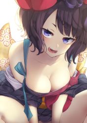 Rule 34 | 1girl, :d, bad id, bare shoulders, breasts, cleavage, fate/grand order, fate (series), hair ornament, japanese clothes, katsushika hokusai (fate), kimono, looking at viewer, medium breasts, no panties, official art, open mouth, pinta (ayashii bochi), purple eyes, purple hair, sash, simple background, sitting, smile, solo, spread legs, tongue, tree, white background