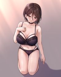 Rule 34 | 1girl, arm at side, bang dream!, bare arms, bare shoulders, black bra, black choker, black panties, bra, breasts, brown hair, choker, cleavage, collarbone, commentary request, floral print, full body, gradient background, grey background, hair between eyes, hand on own chest, hand up, highres, kneeling, korean commentary, lace, lace-trimmed bra, lace-trimmed panties, lace trim, large breasts, looking at viewer, mixed-language commentary, multi-strapped panties, navel, panties, parted lips, pink background, pink eyes, print bra, print panties, ptal, shadow, short hair, solo, stomach, thigh gap, underwear, underwear only, yashio rui