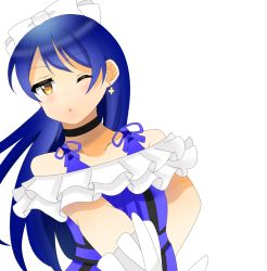 Rule 34 | 1girl, ;), artist name, artist request, bare shoulders, black bow, black choker, black detached collar, black skirt, blue bow, blue dress, blue hair, blue skirt, blush, bow, bow gloves, breasts, choker, collarbone, cross, cross earrings, dress, dress bow, earrings, female focus, frilled dress, frilled skirt, frills, gloves, hair between eyes, hair bow, hair ribbon, jewelry, kira-kira sensation!, long hair, looking at viewer, love live!, love live! school idol festival, love live! school idol project, medium breasts, miniskirt, one eye closed, parted lips, plaid, plaid dress, plaid skirt, pleated, pleated dress, pleated skirt, ribbon, skirt, smile, solo, sonoda umi, white background, white bow, white gloves, white ribbon, wink, wrist bow, yellow eyes