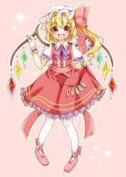 Rule 34 | 1girl, adapted costume, back bow, blonde hair, blush, bow, bowtie, breasts, collared shirt, crystal, fang, flandre scarlet, frilled shirt collar, frilled skirt, frilled sleeves, frills, full body, hair bow, happy, hat, hat ribbon, jewelry, large bow, looking at viewer, medium hair, mob cap, multicolored wings, natsune ilasuto, one side up, open mouth, pigeon-toed, pink background, puffy short sleeves, puffy sleeves, purple bow, purple bowtie, rainbow order, red bow, red eyes, red footwear, red ribbon, red skirt, red vest, ribbon, shirt, short sleeves, simple background, skirt, skirt hold, skirt set, small breasts, smile, solo, touhou, vest, white hat, white shirt, wings, wrist cuffs