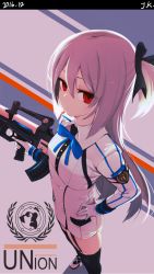 Rule 34 | 1girl, assault rifle, bad id, bad pixiv id, badge, black ribbon, black thighhighs, blue ribbon, bullpup, closed mouth, dated, english text, expressionless, foreshortening, gloves, gun, hair between eyes, hair ribbon, hand on own hip, highres, holding, holding gun, holding weapon, j.k., jacket, logo, long hair, long sleeves, looking at viewer, military, military uniform, neck ribbon, one side up, original, ots-14 groza, perspective, pink hair, red eyes, ribbon, rifle, shoes, signature, skindentation, solo, standing, thighhighs, trigger discipline, uniform, weapon, white footwear, white gloves, white jacket