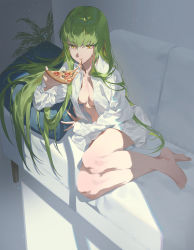 Rule 34 | 1girl, bare legs, barefoot, bottomless, breasts, c.c., cheese trail, cleavage, code geass, collared shirt, couch, day, dress shirt, eating, fajyobore, food, from above, full body, green hair, hand up, highres, holding, holding food, holding pizza, indoors, leaning to the side, light particles, long hair, long sleeves, looking at viewer, medium breasts, naked shirt, no bra, open clothes, open shirt, palm leaf, pillow, pizza, pizza slice, plant, shirt, sitting, sleeves past wrists, smile, solo, very long hair, white shirt, window shadow, yellow eyes, yokozuwari