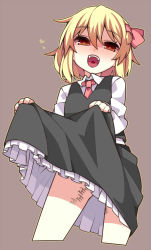 Rule 34 | 1girl, bare legs, black skirt, blonde hair, body writing, brown background, clothes lift, commentary request, cropped legs, fangs, hair ribbon, heart, lifted by self, long sleeves, looking at viewer, miniskirt, necking, open mouth, red eyes, red neckwear, red ribbon, ribbon, rumia, shamo (koumakantv), simple background, skirt, skirt lift, skirt set, smile, solo, tally, touhou, vest
