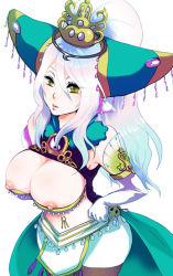 Rule 34 | 1girl, breasts, cleavage, crown, elbow gloves, female focus, gloves, hands on own hips, headdress, huge breasts, long hair, mothika, musou orochi, musou orochi 2, nipples, nu wa, ponytail, solo, white background, white hair, yellow eyes